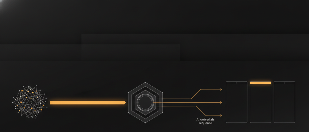 minimal flow diagram: prospect list ingested, AI outreach sequence sent, replies routed to pipeline board, three-step horizontal flow with arrows