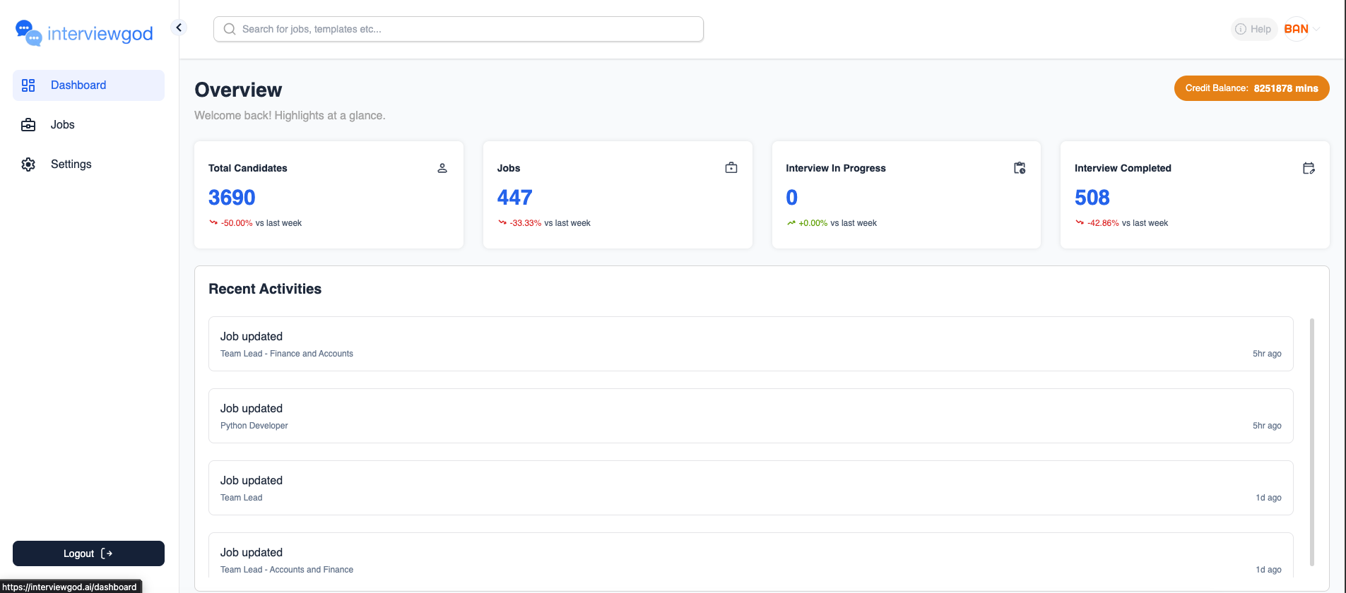screenshot or product still of Banao's own internal AI tooling in active use (e.g. the InterviewGod interview dashboard or Vikaas outreach console), showing real data density and live UI state, not a staged mockup frame