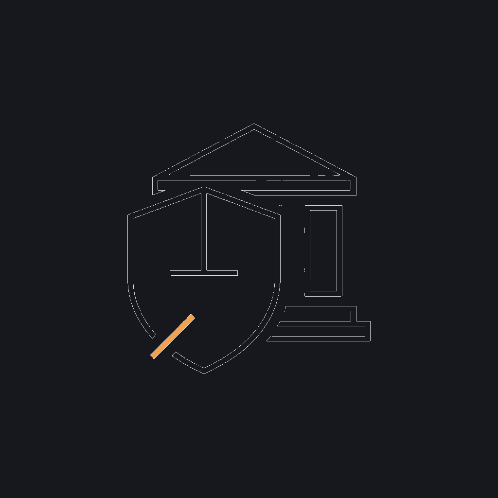 minimal line icon of a shield overlaying a bank-building outline, security-and-domain-expertise concept