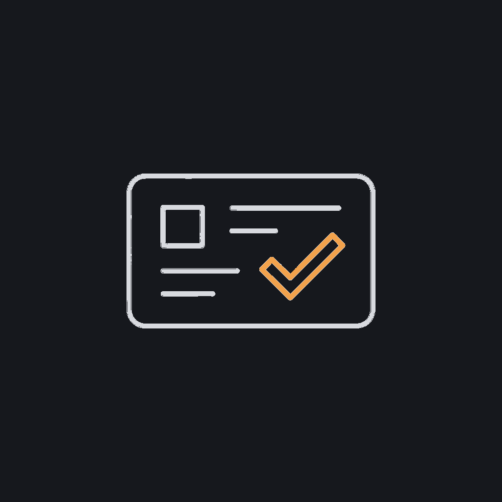 minimal line icon of an ID card with a checkmark overlay, identity-verification concept