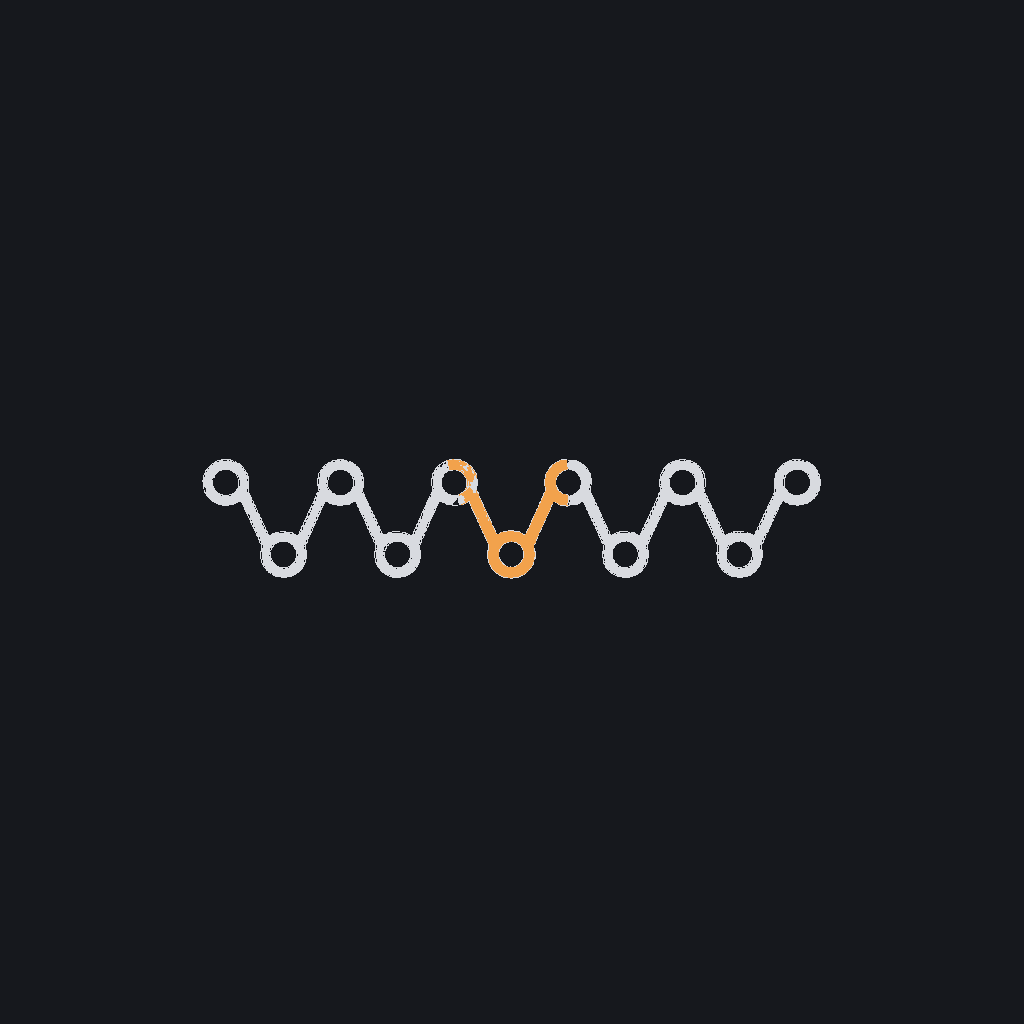 flat single-color line icon of one unbroken thread running through six small nodes, symbolizing a single continuous team across a delivery sequence, no human figures