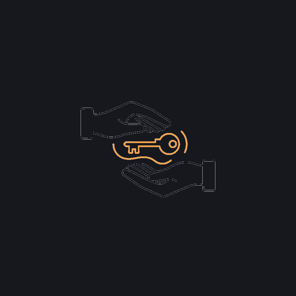 minimal line icon of a key passing from one outline hand to another, ownership-transfer concept
