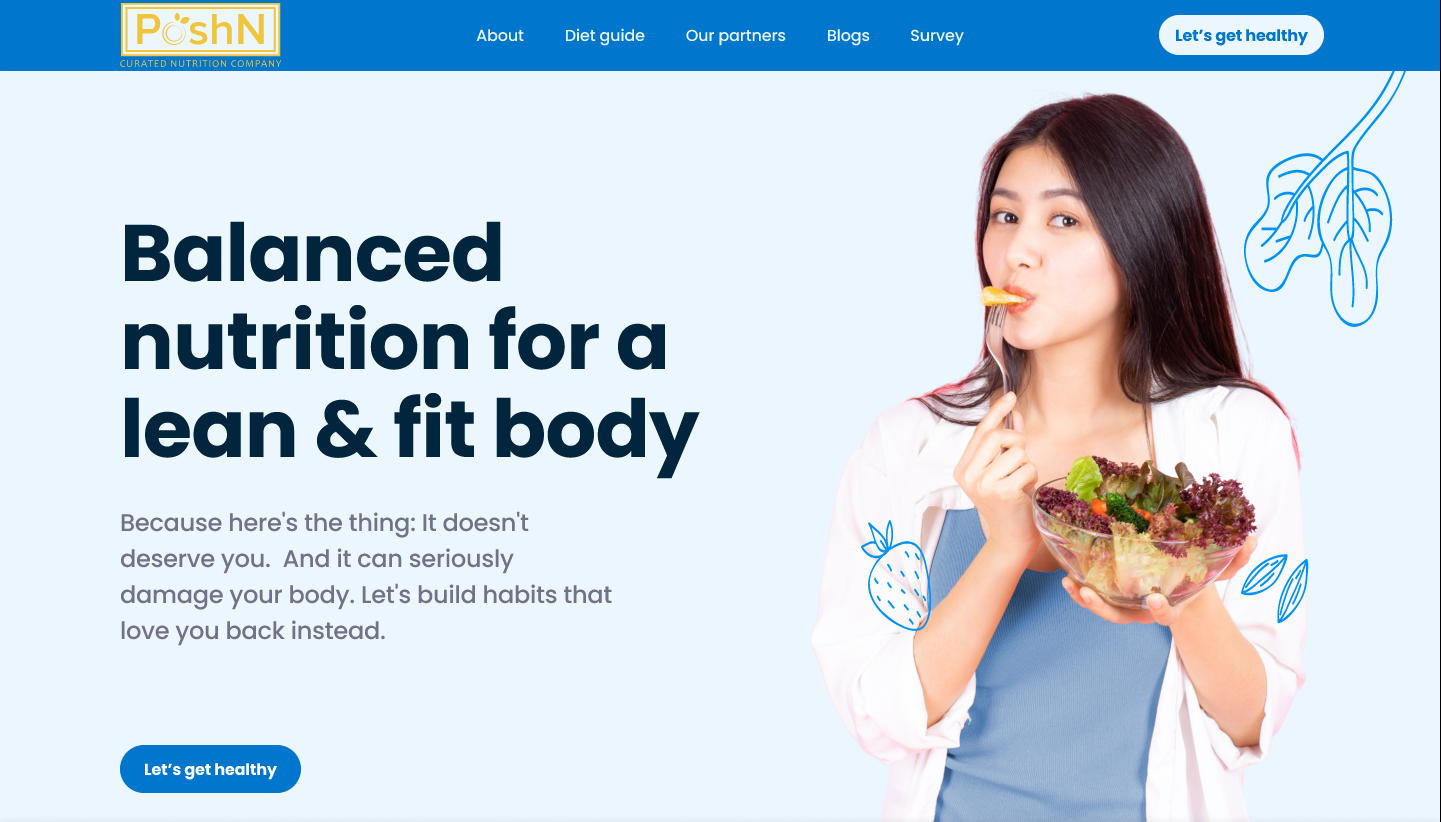 wide product-interface screenshot of PoshN's primary screen, flat neutral background, no device chrome