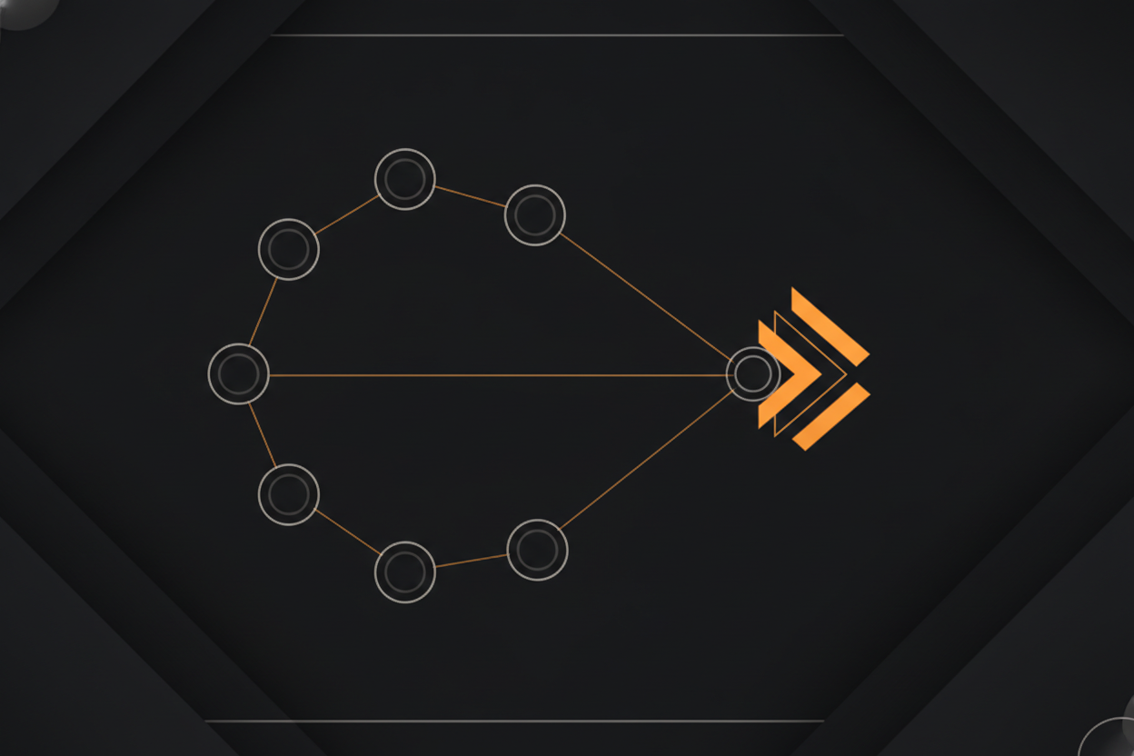 abstract technical schematic: six compliance-framework nodes (HIPAA, FDA, HL7, GDPR, HITECH, BYOD) drawn as small labeled circles connected by thin amber lines converging into a single build-pipeline mark, dark background, minimal line-art style, no photography