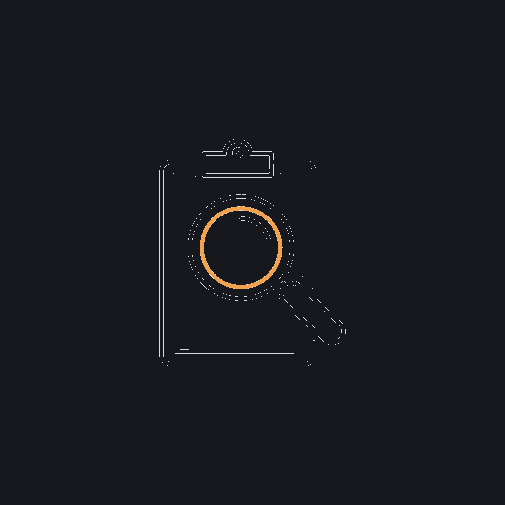 minimal line icon of a magnifying glass over a clipboard, discovery/documentation concept