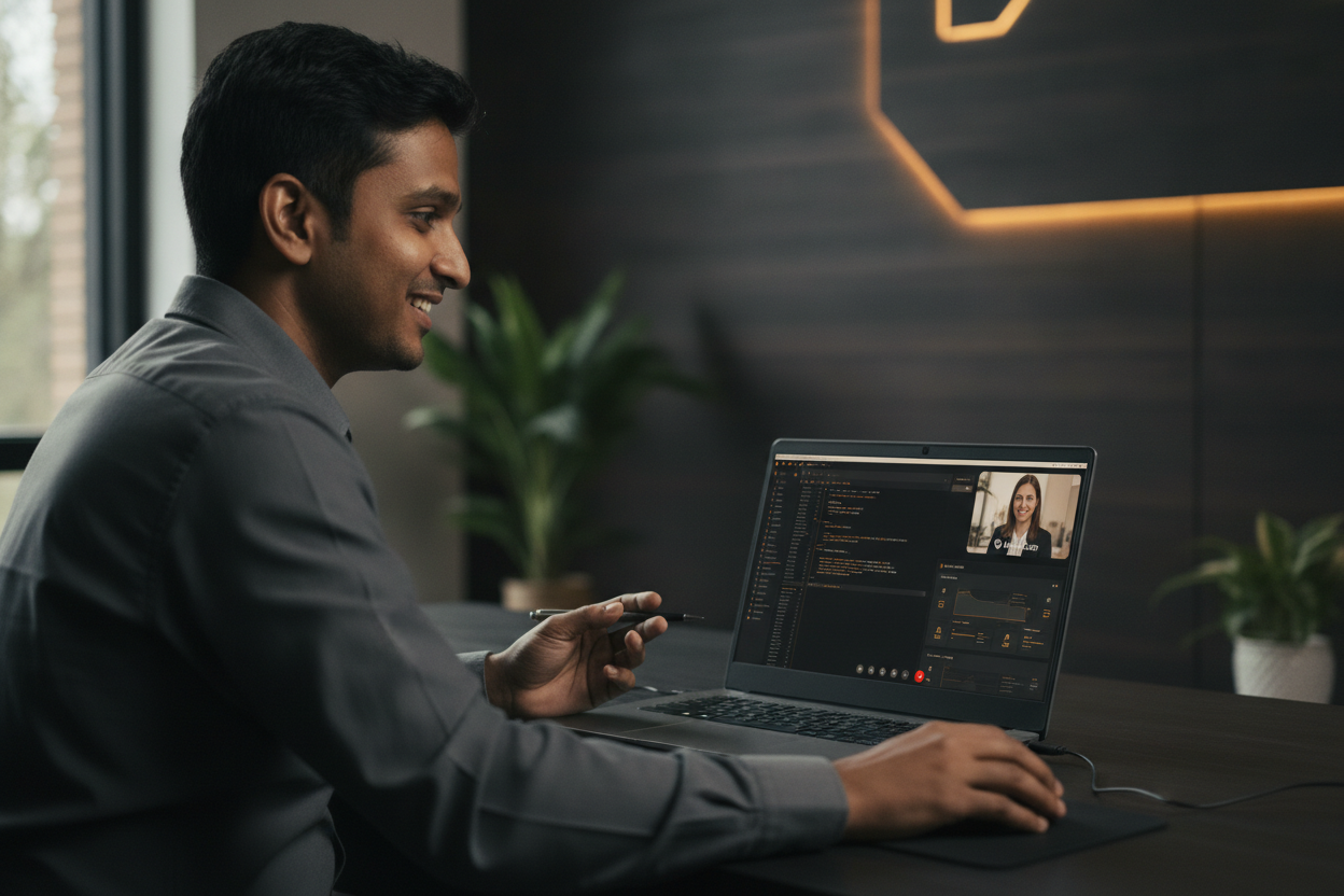 candid photo of a Banao engineer mid video-call with a healthcare client, laptop in frame showing a code editor and a patient-data dashboard mock, natural office light, documentary framing not a posed stock shot