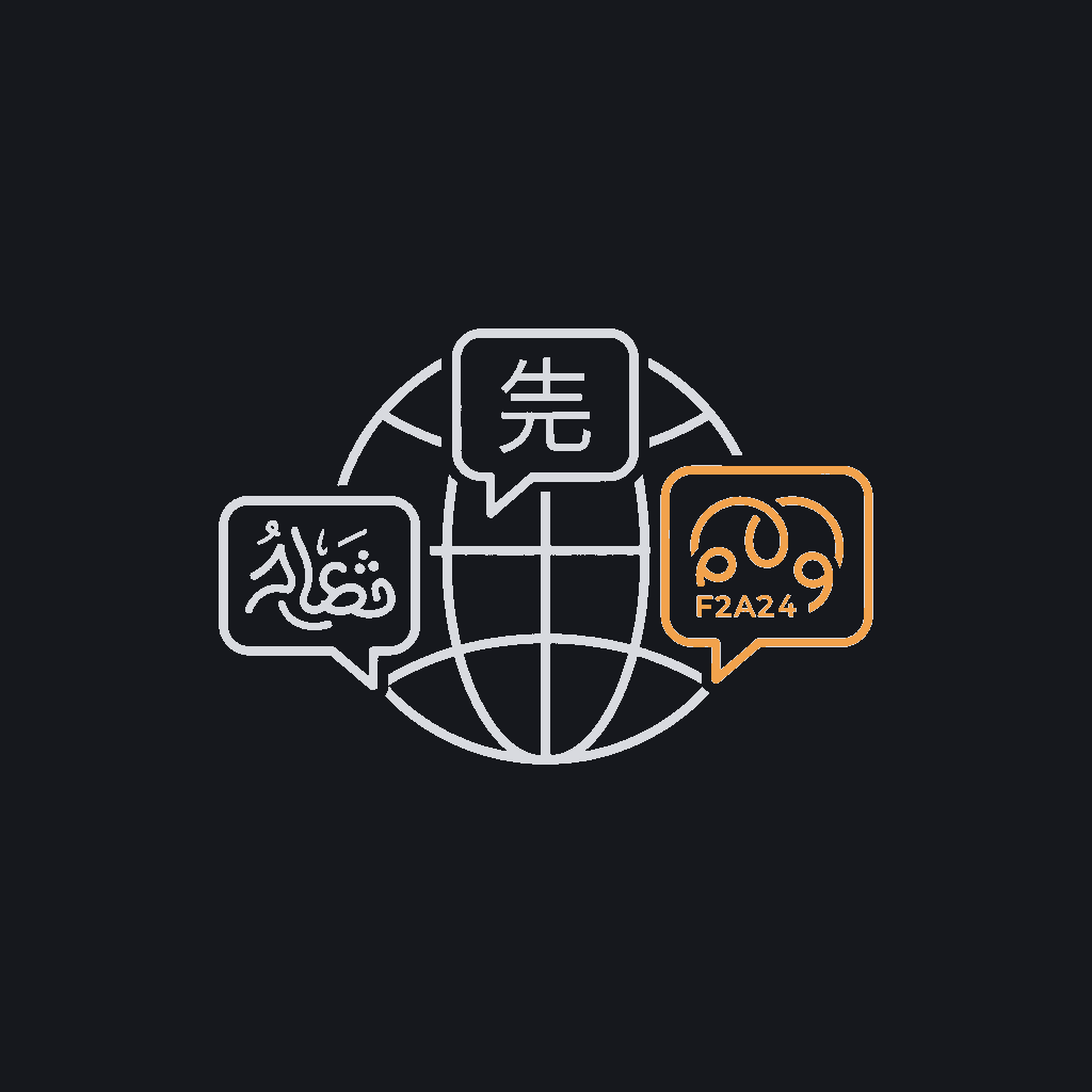 minimal line icon of a globe with overlapping speech-bubble glyphs in different scripts, representing multi-language interface support