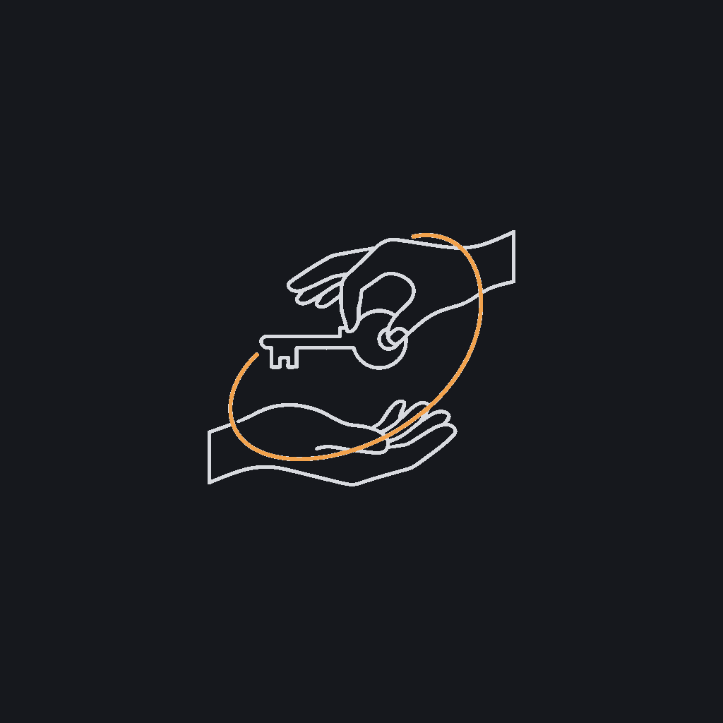 line icon of a key passing from one outlined hand to another, concept: complete ownership transfer at handover