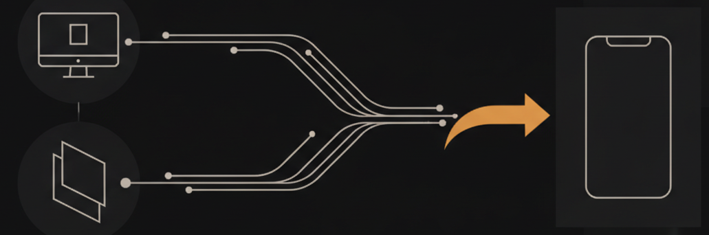 abstract diagram showing learning content migrating from a desktop monitor and printed book icon toward a mobile phone silhouette, single accent-colored motion arrow, minimal line style