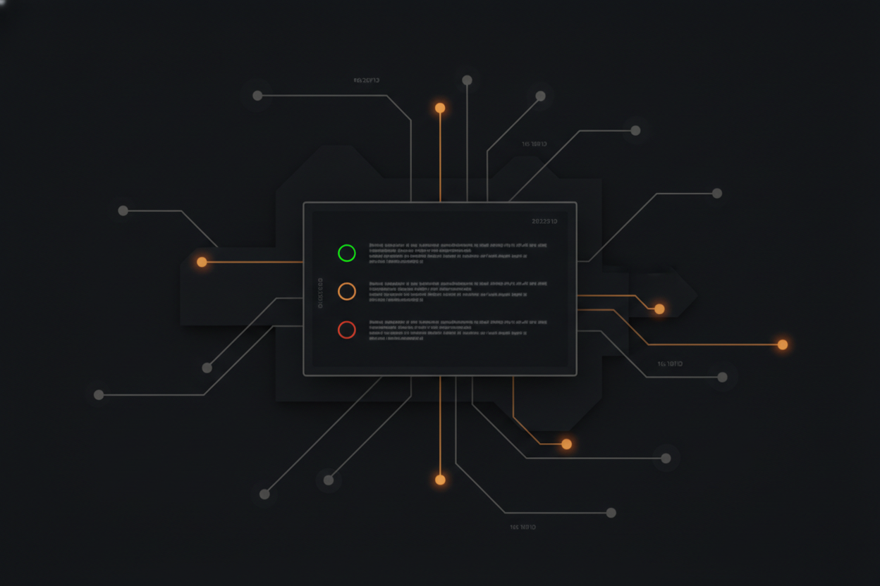 mockup of a dark-UI terminal/status panel showing three stacked monitoring rows, each with a small colored status indicator and a short blurred/illegible line beneath it, monospace type, subtle scanline texture, styled to match the mono/dark aesthetic of this theme — concept: 24/7/365 system health visibility, not a real client dashboard