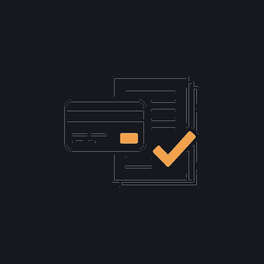 minimal line icon of a payment card feeding into a checkmarked ledger, payments/reconciliation concept