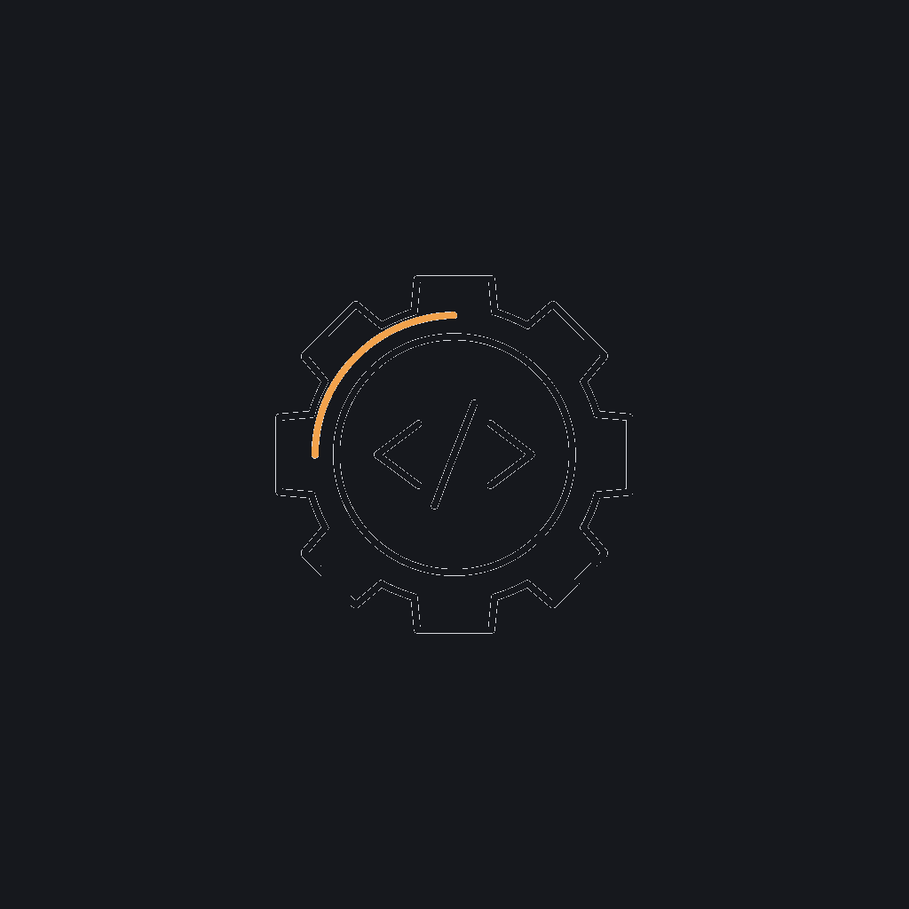 minimal line icon of a code bracket "</>" inside a build/gear frame, active build concept