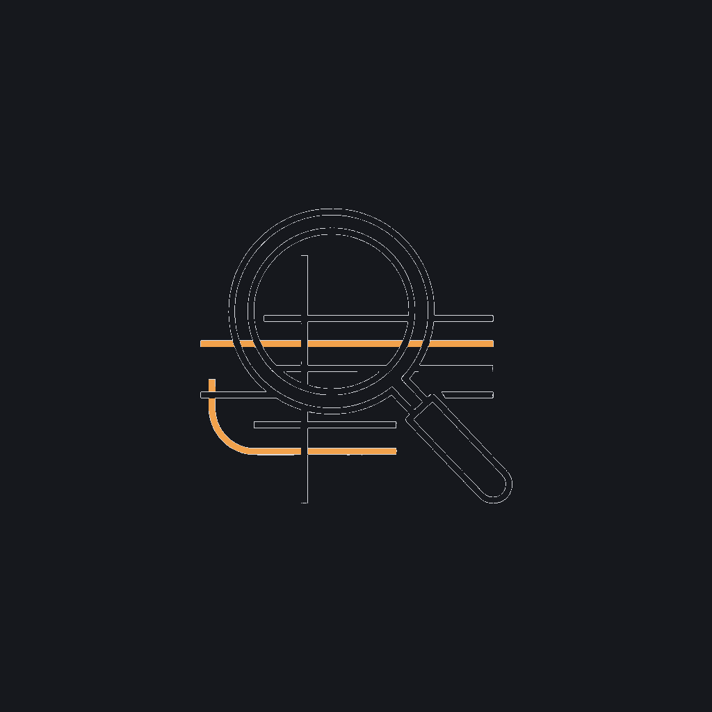 minimal line icon of a magnifying glass over blueprint schematic lines, discovery/scoping concept