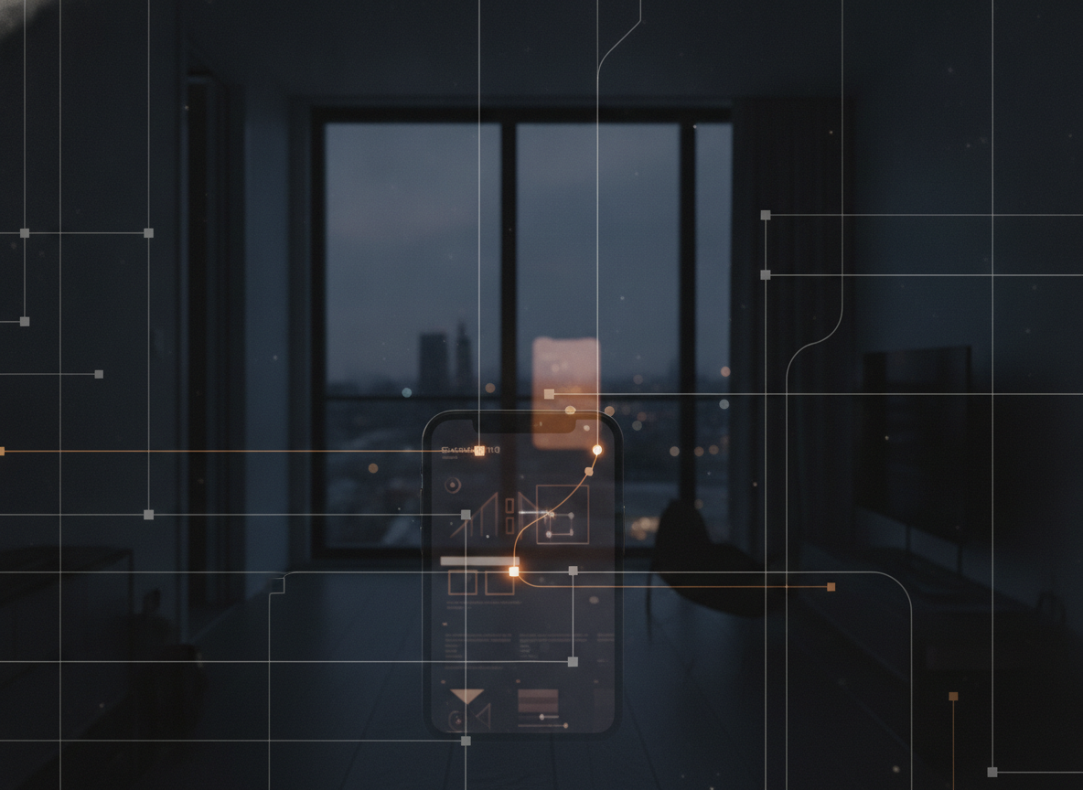 wide editorial photograph of a modern apartment interior at dusk, a smartphone in the foreground displaying property search results, reflected faintly in a window