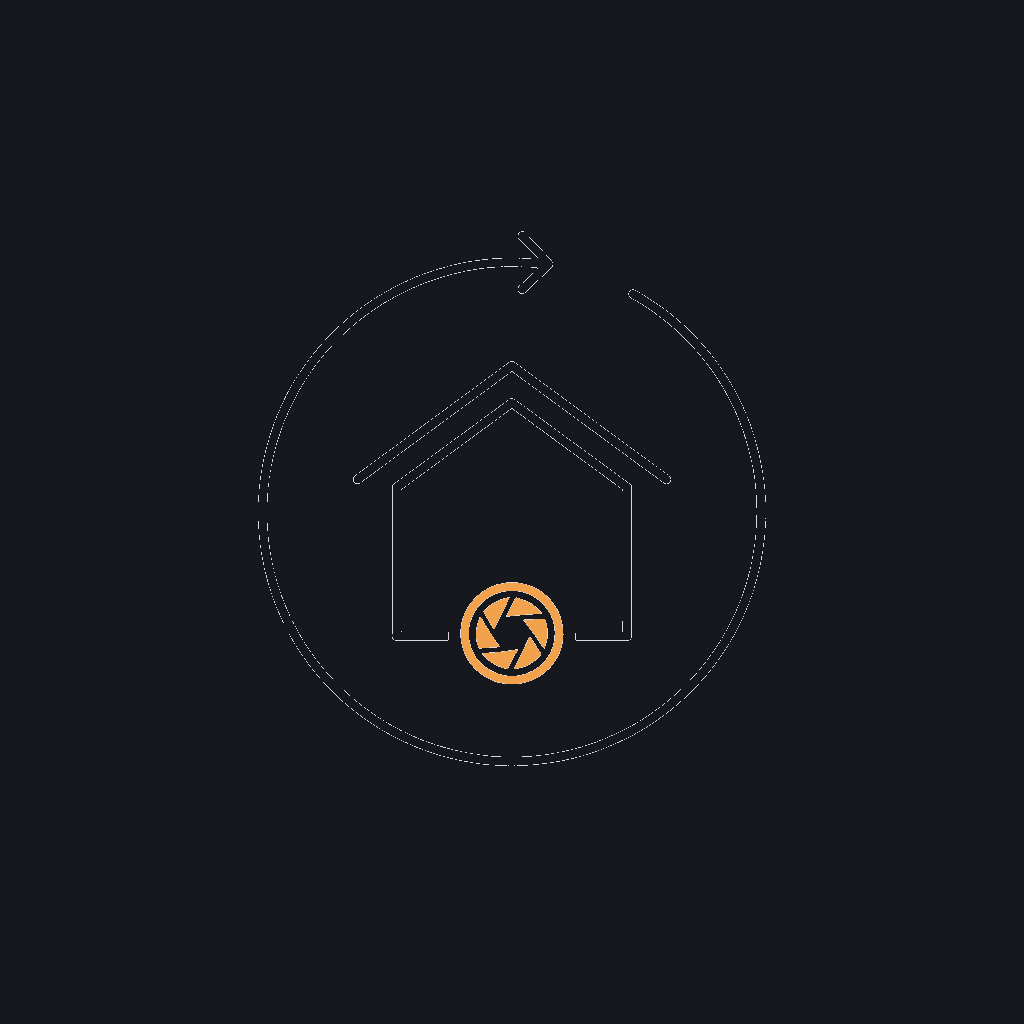 minimal line icon of a house with a 360-degree orbit arrow and a small camera aperture at its base