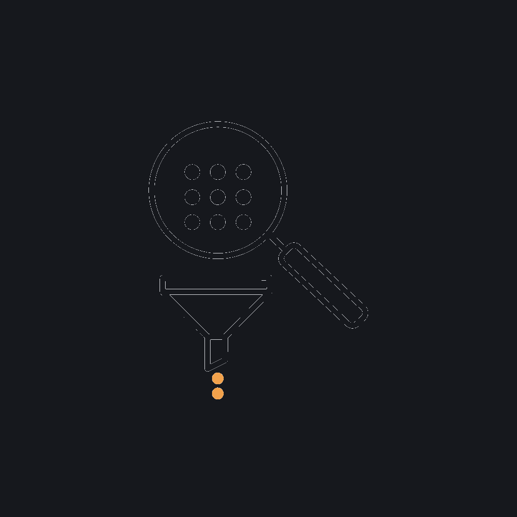 minimal line icon of a magnifying glass over a funnel filtering a grid of listing dots