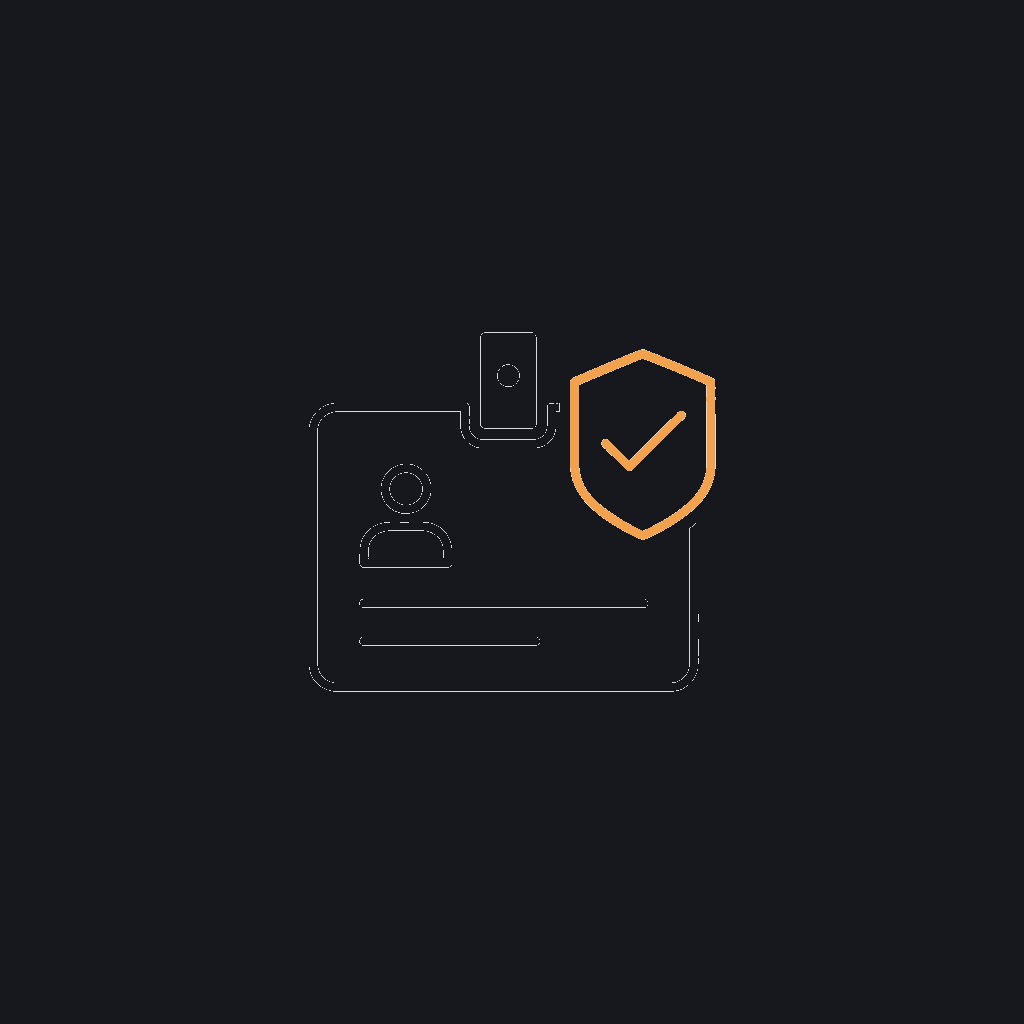 minimal line icon of an ID badge with a checkmark shield overlapping its top corner