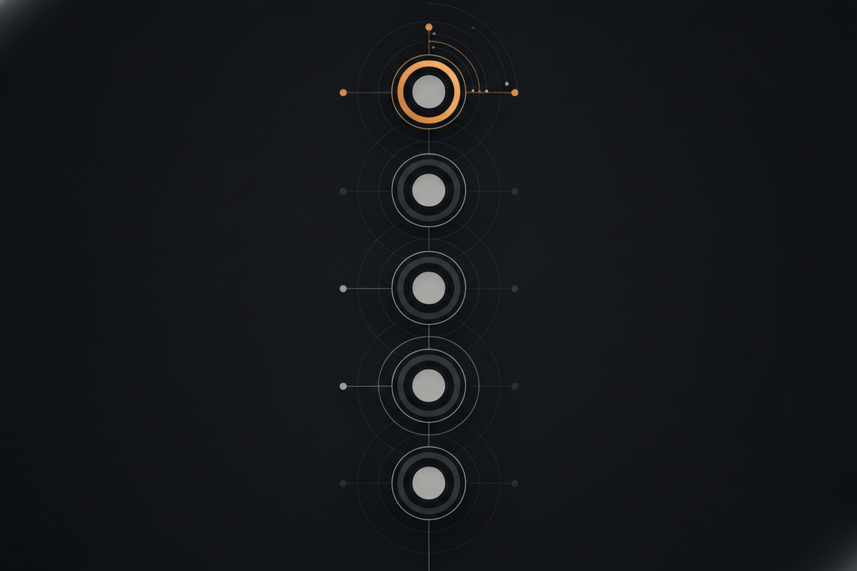 simple line diagram of six connected nodes in a vertical sequence, abstract process-flow concept, no text or labels