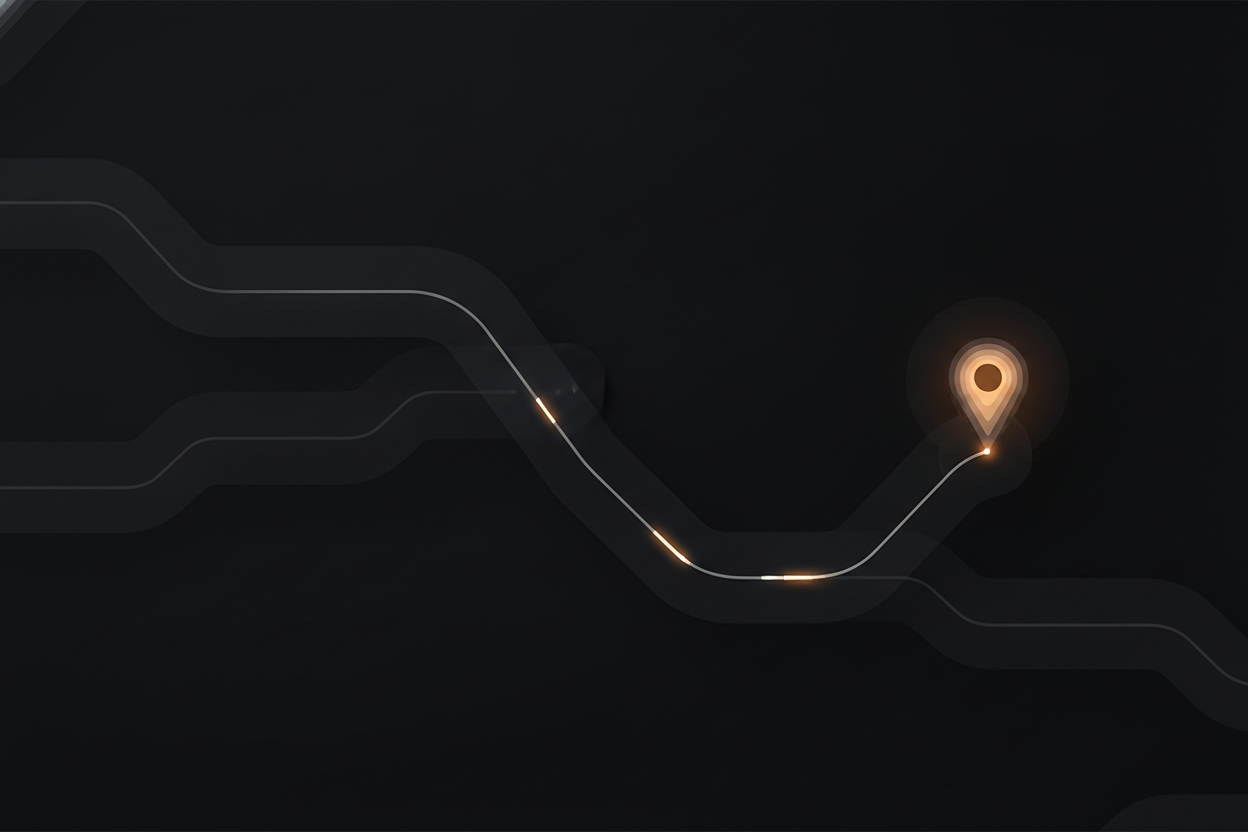 thin animated diagram of a map pin lighting up at the end of the packet's path, delivery-location concept