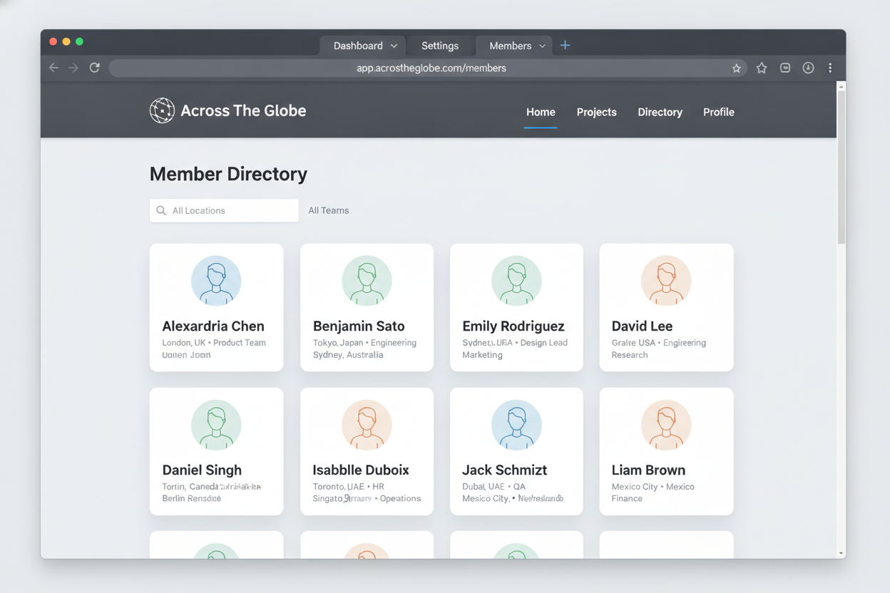 desktop screenshot of the Across The Globe member directory, grid of profile cards visible