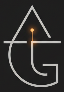 &mdash; ATG logomark, monochrome line-art, on dark surface