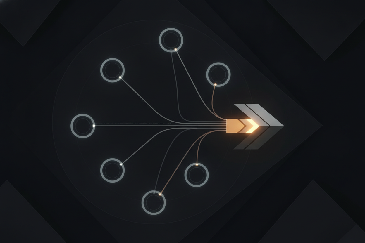 abstract line diagram of five connected checkpoints converging into a single forward-pointing arrow, concept: objections resolved into build-readiness