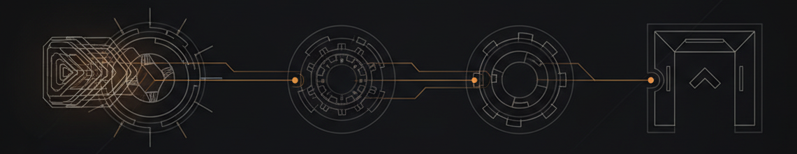 line-art diagram of a candidate's code artifact moving left-to-right through three labeled checkpoints (scenario → harness → verdict), thin accent-gradient connector lines, matches dark theme