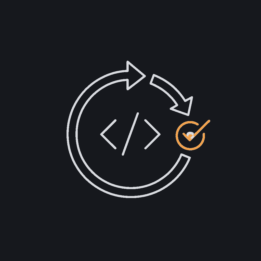 minimal line icon of a circular deployment loop arrow around a code bracket symbol, representing CI/CD for model code