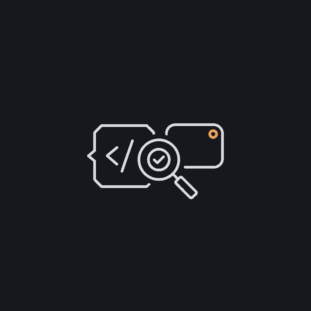 minimal line icon of a magnifying glass over a code bracket, representing production-scenario screening, mono line-art