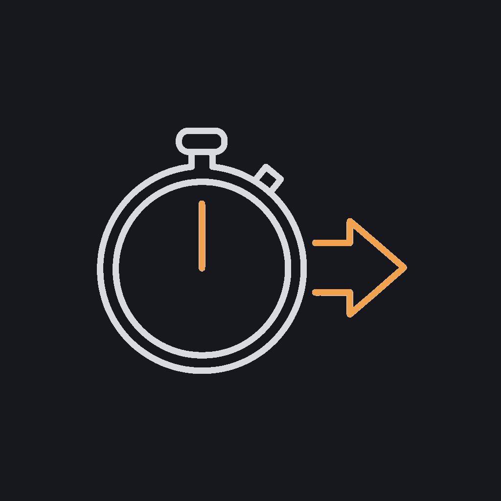 minimal line icon of a stopwatch with a forward arrow, representing a fast, 1-2 week start, mono line-art