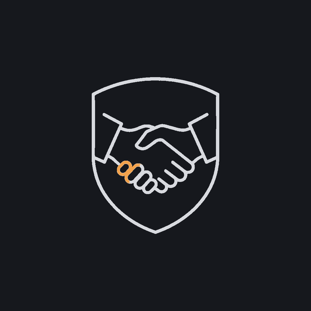 minimal line icon of a handshake inside a shield outline, representing accountability and replace-if-mismatch coverage, mono line-art