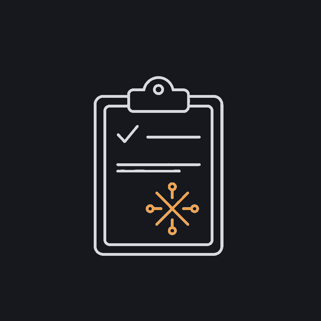 minimal line icon of a clipboard with a checklist and a small crosshair mark, scoping concept