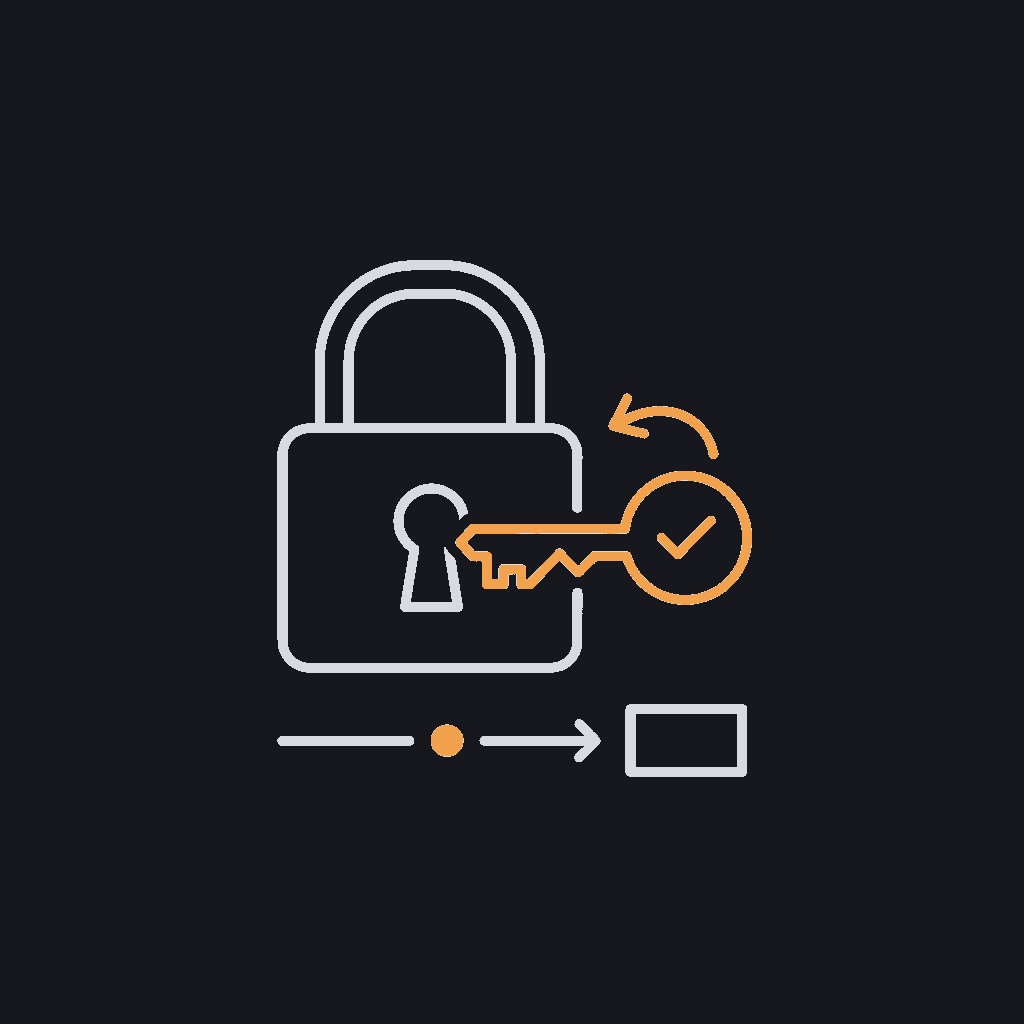 minimal line icon of a key turning inside an outlined padlock, ownership-handoff concept