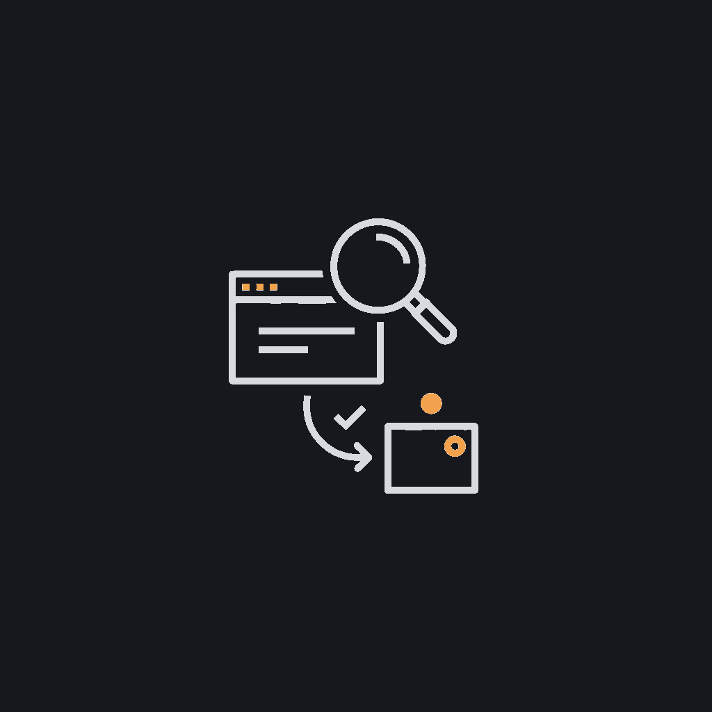 minimal line icon of a magnifying glass over a terminal window with code lines, production-screening concept