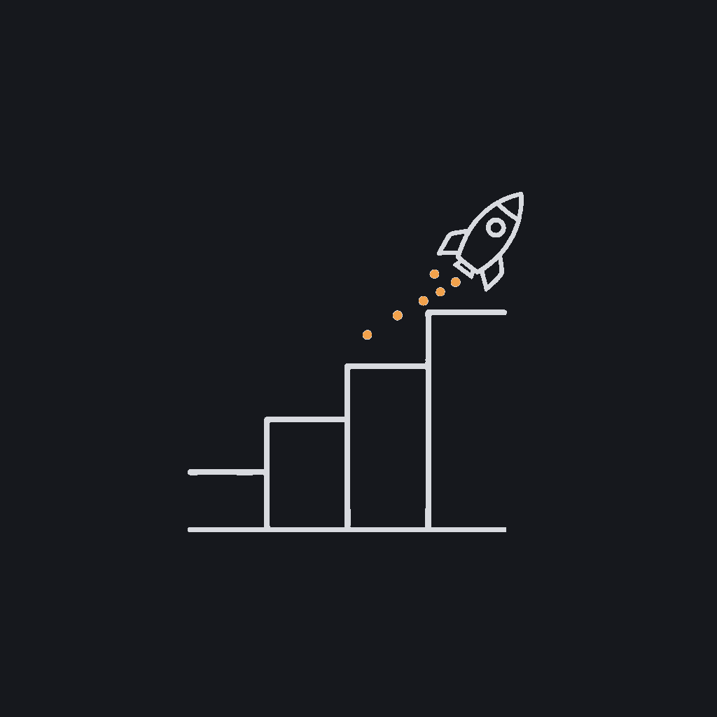 minimal line icon of an upward step-chart with a small rocket at the top step, shipping-in-weeks concept