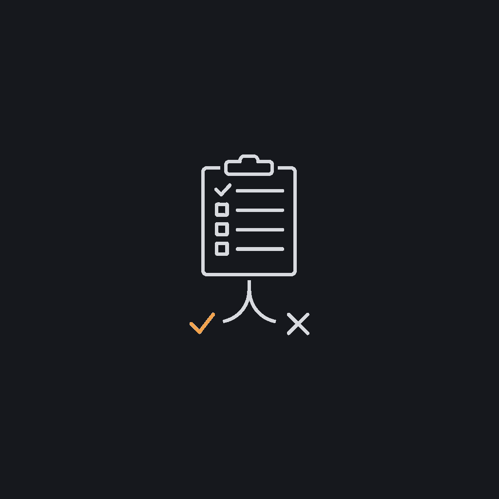 minimal line icon of a checklist clipboard with a pass/fail branch arrow, representing test harness design