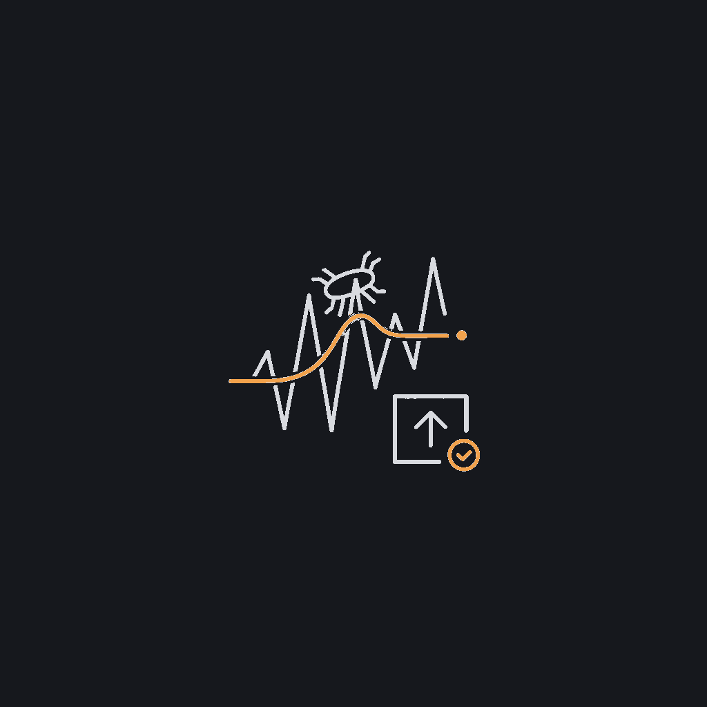 minimal line icon of a bug crawling across a traffic-spike graph line, representing debugging under production load