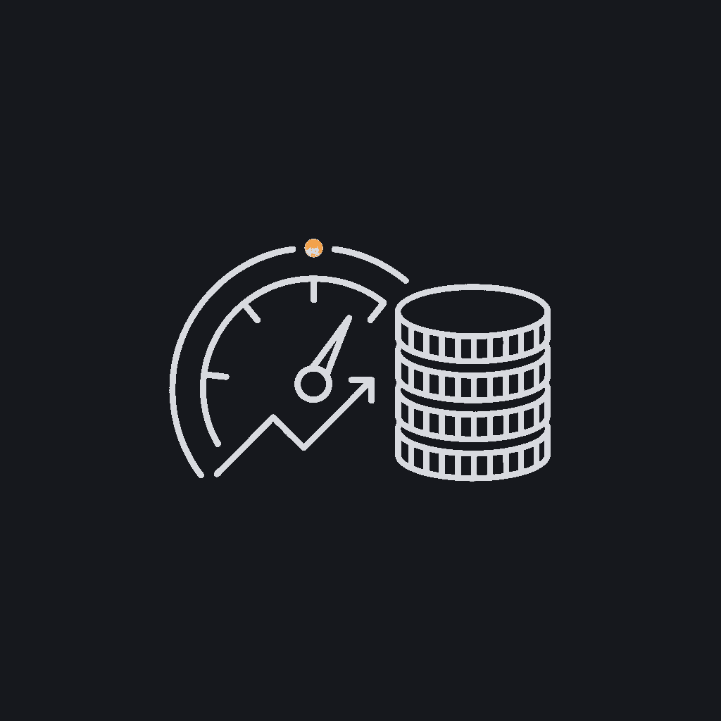 minimal line icon of a speedometer gauge next to a coin stack, representing latency and cost tradeoffs