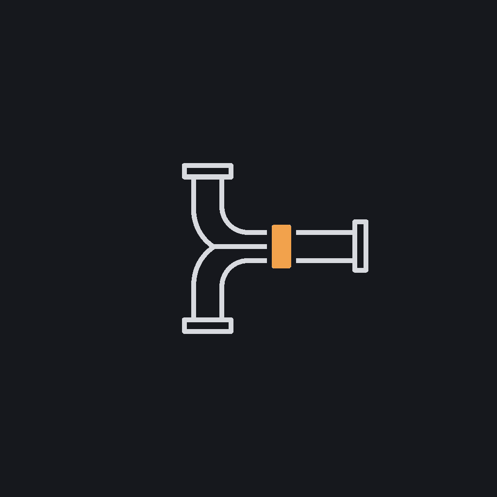 minimal line icon of two pipe segments joining into one, representing data pipeline integration