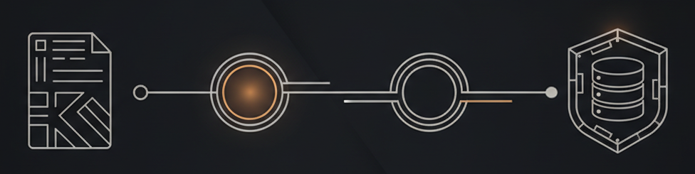 flat diagram of a document passing through a two-stage checkpoint labeled "Data Curation" then "Compliance Review" before reaching a shielded database icon, clean line-art, no photography