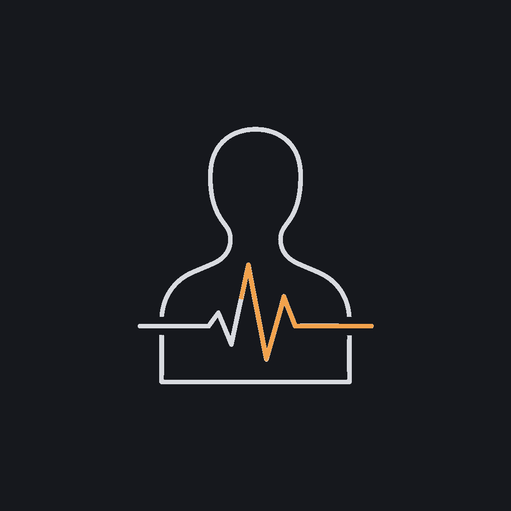minimal line icon of a heartbeat pulse line passing through a person silhouette, representing patient impact