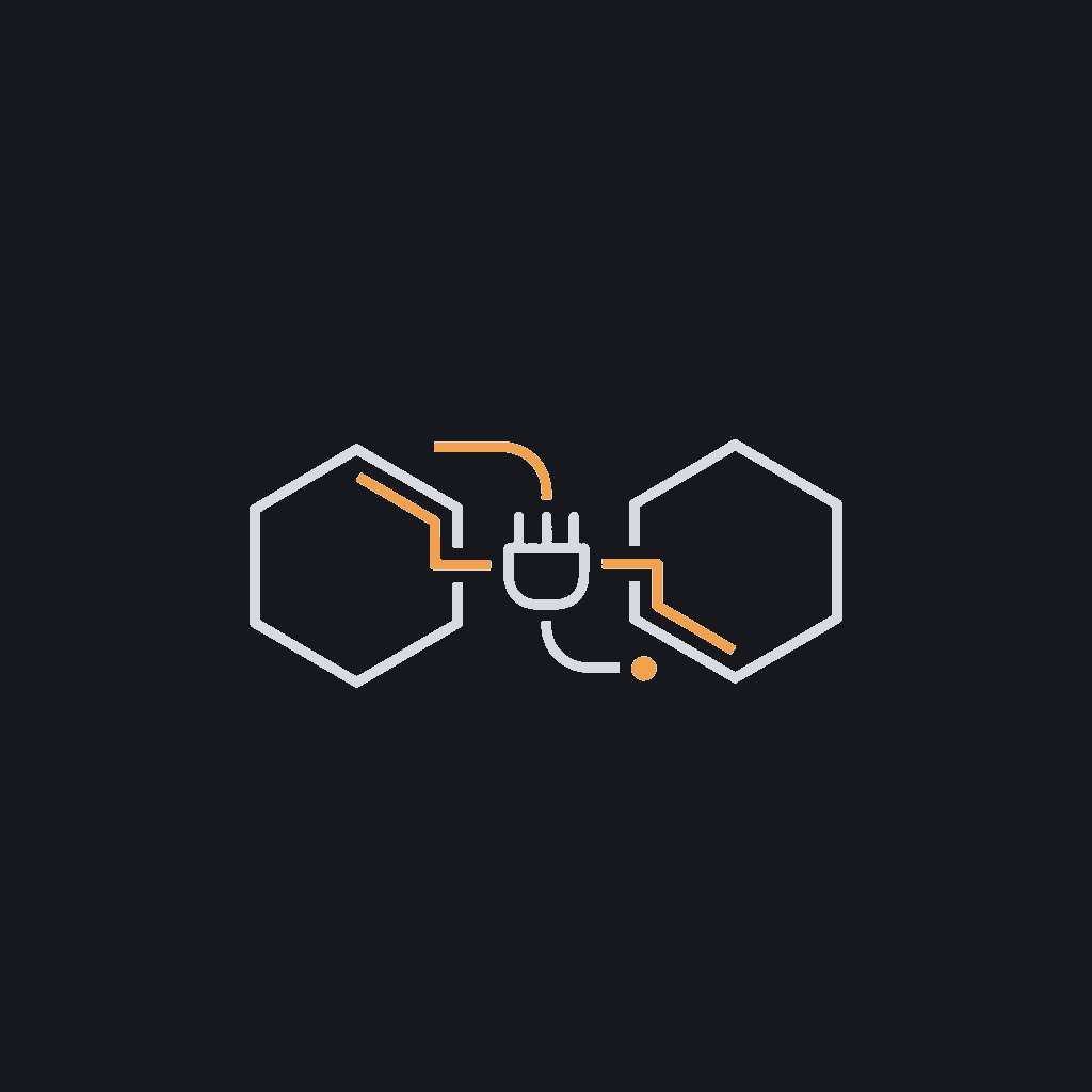 minimal line icon of two hexagonal system nodes joined by a plug connector, HL7-interface concept