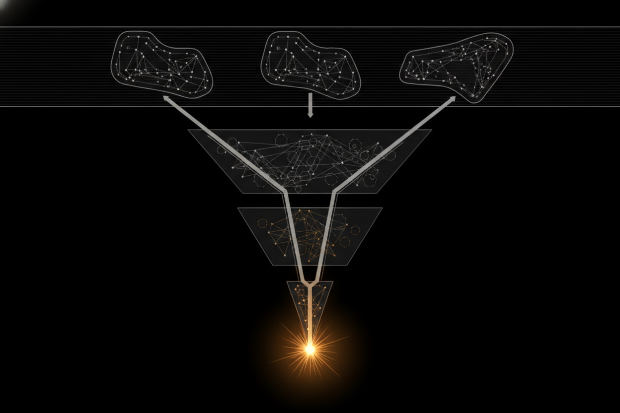 line-art schematic diagram of a three-stage diagnostic funnel labeled "Data," "Integration," "Adoption," narrowing to a single highlighted failure point, minimal technical illustration style on dark background