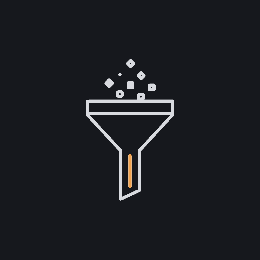 minimal line icon of a funnel filtering raw data points into a clean stream, data-validation concept