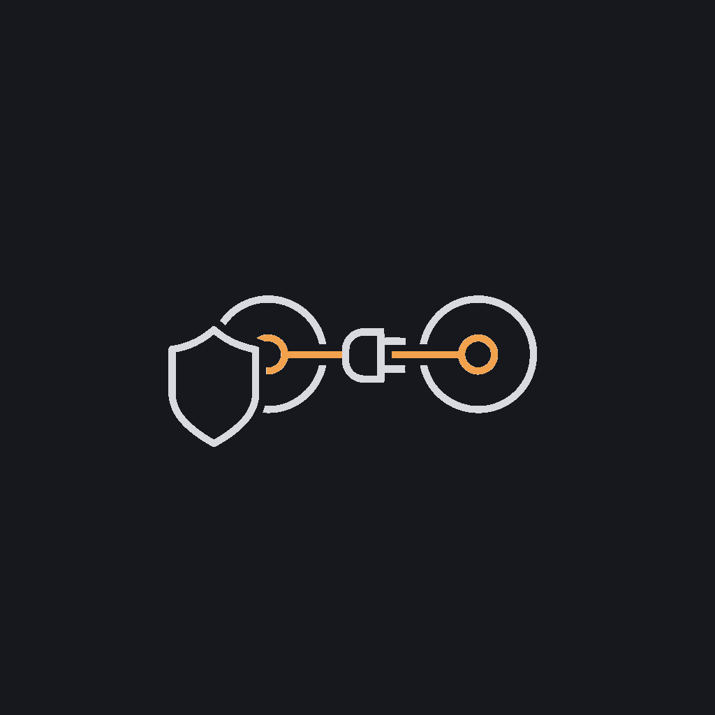 minimal line icon of two interlocking system nodes joined by a plug and socket, integration concept