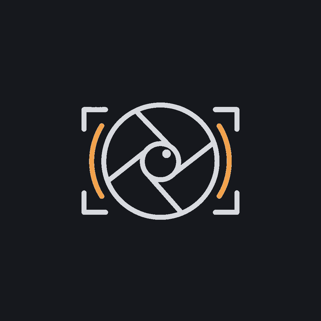 minimal line icon of a camera lens with a scanning bracket, computer-vision concept