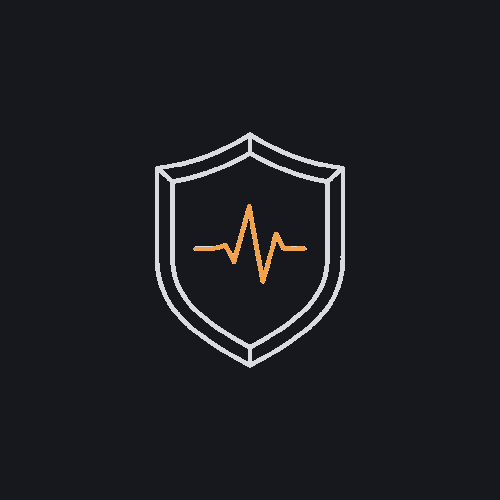 minimal line icon of a shield with a small pulse/anomaly spike, fraud-detection concept