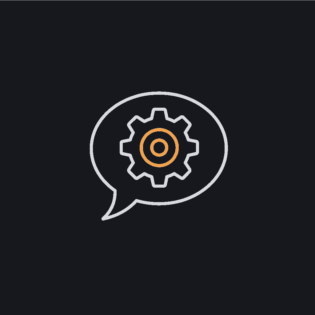 minimal line icon of a speech bubble with a gear inside, conversational-agent concept