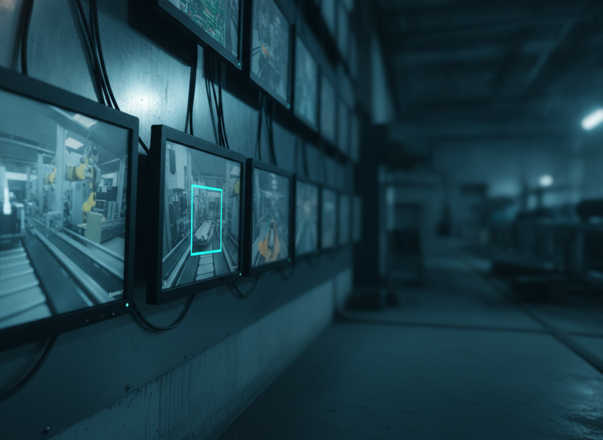 wide-angle documentary-style photograph of an industrial CCTV monitor wall showing live camera feeds of a manufacturing line, one screen highlighting a defect-detection bounding box, cool blue-toned lighting, no people visible