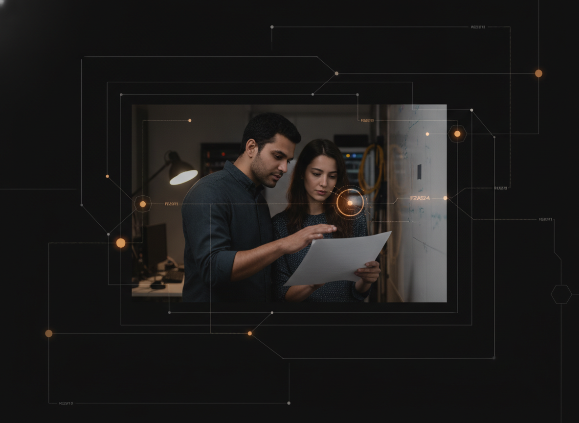photograph of two Banao engineers reviewing a printed diagnostic report at a whiteboard, candid documentary style, low-key office lighting, no stock-photo gloss